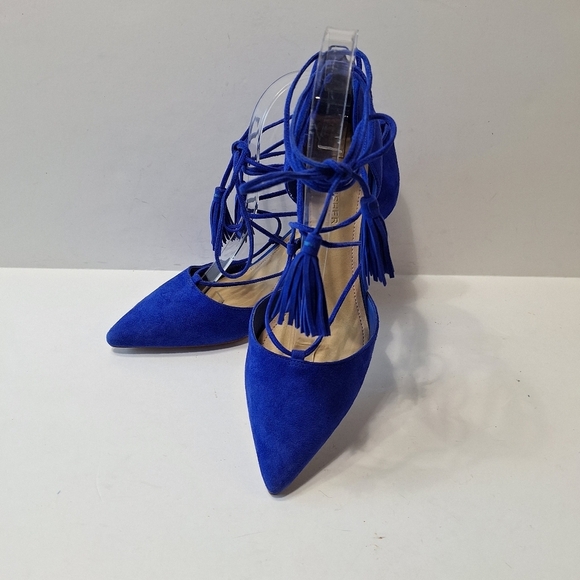 Marc Fisher NWOB Blue Preppy Retro Suede Pointed Toe Strappy Lace Up Heels Sz.8 - Picture 2 of 11
